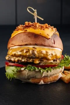 Close-up shot of a two-layer beef burger. Foto stock