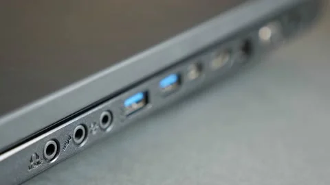 Close up shot of USB, HDMI and other I/O port of modern laptop. Side view. Stock Footage 131464480