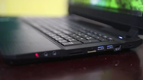 Close up shot of USB, optical audio, RJ45 other I/O port of modern gaming laptop Stock-Footage 102192117