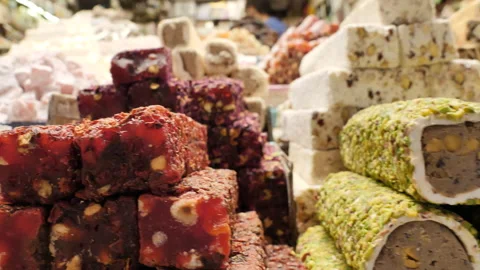 Close Shot of Various Turkish Delight in Spice Bazaar Istanbul Stock Footage 137595644