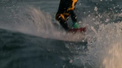 Close up shot of wakeboarder man boots and wake board Stock Footage 67229652