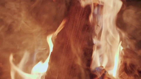 Close-Up Shot Of Warm Cozy Burning Fire In Fireplace. Slow Motion. Burning Wood. Stock Footage 157369563