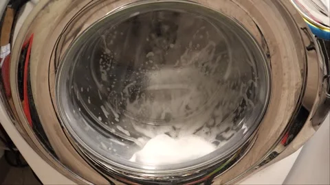 Close up shot of a washing machine in the laundry with detergent 스톡 동영상 267805166