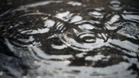 Close up shot of water drop creating circular ripple on wet surface outdoors Stock Footage 331010582