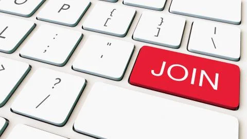 Close-up shot of white computer keyboard and red join key. Conceptual 3D Ilustración de archivo