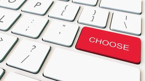 Close-up shot of white computer keyboard and red choose key. Conceptual 3D Stock Illustration