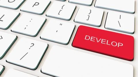 Close-up shot of white computer keyboard and red develop key. Conceptual 3D Illustrazione stock