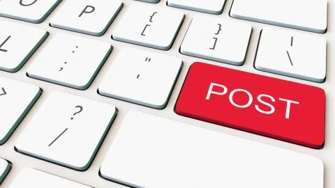 Close-up shot of white computer keyboard and red post key. Conceptual 3D Stock Illustration