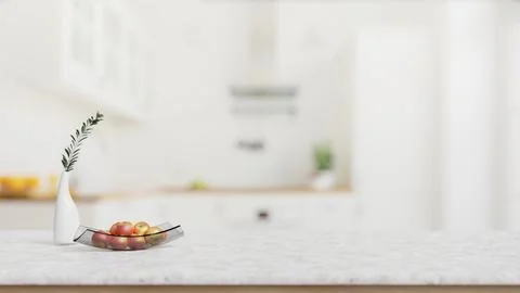 A close-up shot of a white marble kitchen tabletop with empty space in a mo.. Stock Illustration