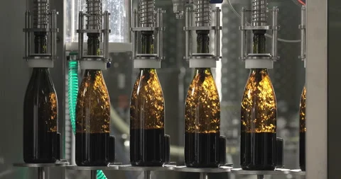Close-up shot of wine bottling process. Filling red wine by the machine into Stock Footage 251334489