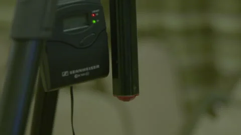 Close Up Shot of Wireless Audio Transmitter Mounted on Tripod Stock Footage 341979357