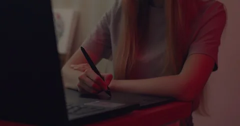 Close up shot . Womans hand using graphic pen and tab , working time for some gr Stock Footage 117477020