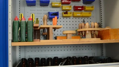Close up shot of woodwork construction tools in a cupboar.d Stock Footage 247401644