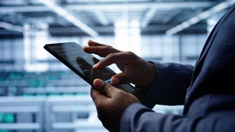 Close up shot of worker in server room using tablet 스톡 사진