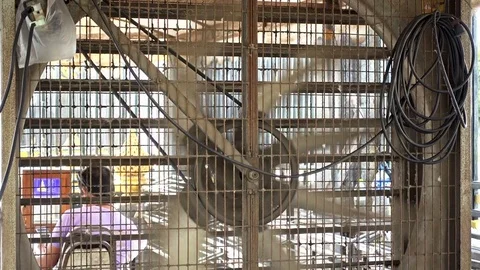 Close up shot of working spinning old ventilator fan with a man sitting on .. Stock Footage 74010322