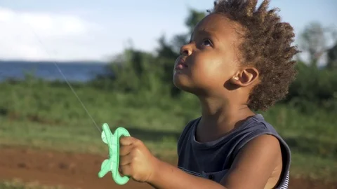 Close up shot of a young mixed raced child flying a kite by a Lake in Stock Footage 108473406