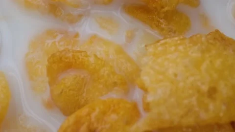 Close-up shot,Breakfast Cereal in white bowl, corn flakes with milk, healthy Stock Footage 130996853