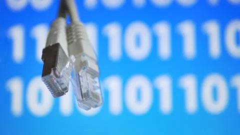 Close up shote of the network cables over binary code on the display backgrou 스톡 사진