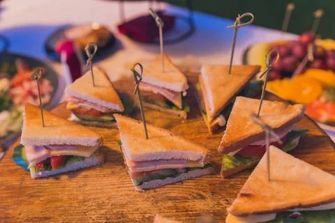 Close up shots of assorted sandwich triangles on a catering party platter. 스톡 사진