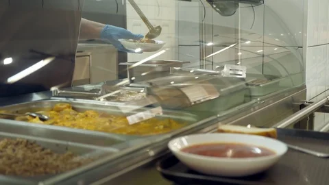 Close-up, showcase with dishes in modern Self service canteen, cafeteria Stock Footage 103579163