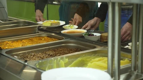 Close-up, showcase with dishes in modern Self service canteen, cafeteria, mess Stock Footage 103581348