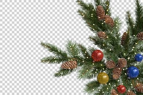 A close-up showcases a portion of a decorated evergreen branch. Stock Photos