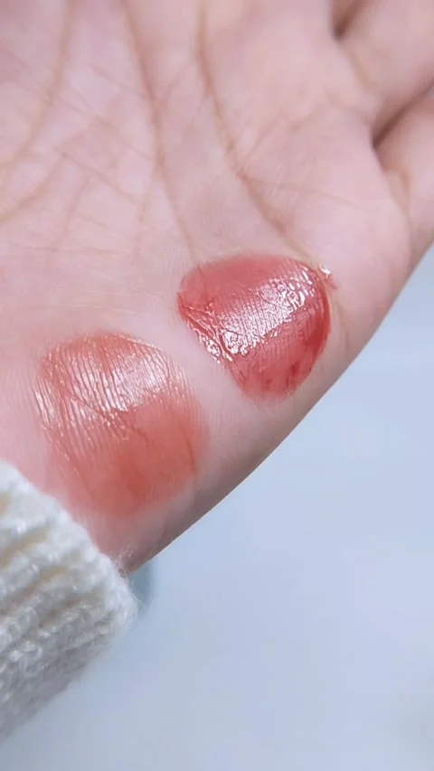 Close up showing palm with rosy red tint. Hand covered with red pigment or .. Stockbeeldmateriaal 340629397