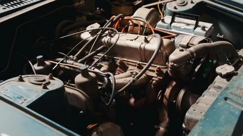 Close-up Showing Rusty Vintage Car Engine Components Outdoors Video stock 340880048