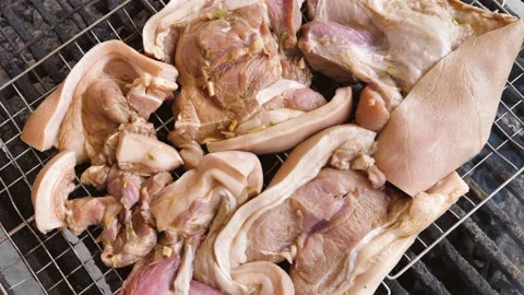 A close-up shows cut meat of various sizes, which is evenly distributed on a Vídeo Stock 184739127