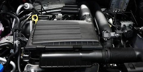 A close-up shows the engine of a modern car. Stock Photos
