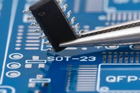 Close-up shows a microchip held by tweezers Stock Photos