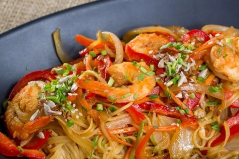 Close up of shrimp spaghetti with vegetables Stock Photos