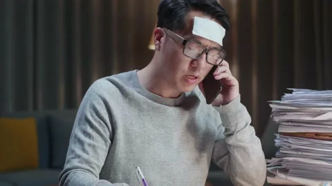 Close Up Of Sick Asian Man Talking On Phone And Taking Note While Working Hard Stock Footage 196928917