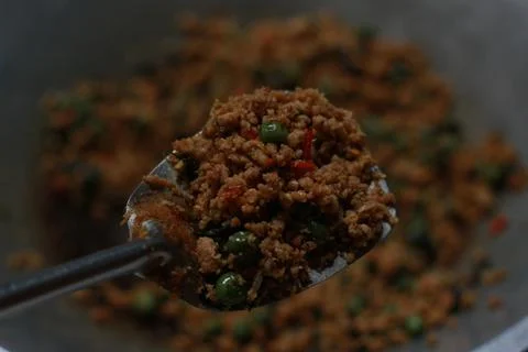 A close up of a side dish with stir-fried leunca and oncom Stock Photos