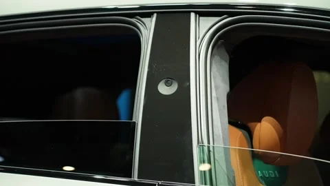 Close-up of the side pillar camera and blind spot monitoring system on a modern Stock Footage 335213419