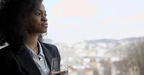 Close Up Side Portrait Afro-American Young Beautiful Woman Serious Suit Drinking Stock Footage 84376589