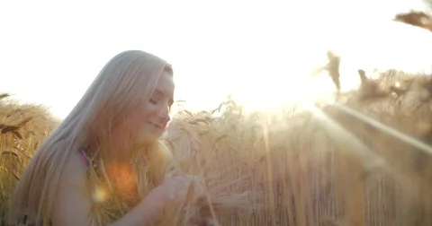 Close-up side portrait of the attractive blonde woman with natural make-up and Stock Footage 84806095
