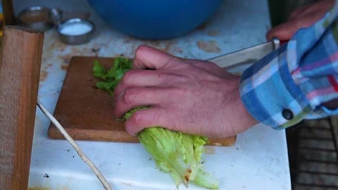 A close-up side-shot of a white man, cutting lettuce on a on a table. 動画素材 160992494