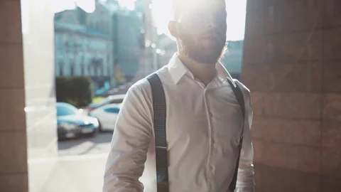 Close up side slow motion view of brutal powerful businessman in formal wear Video stock 115667180