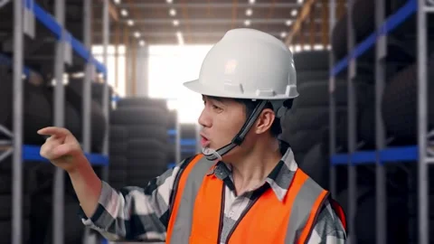 Close Up Side View Of Angry Asian Male Engineer Shouting At Someone Tire Stock Footage 341787330