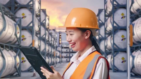 Close Up Side View Of Asian Female Engineer Working On A Tablet Stock Footage 340842100