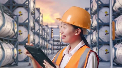 Close Up Side View Of Asian Female Engineer Taking Note On The Tablet Stock Footage 340842239