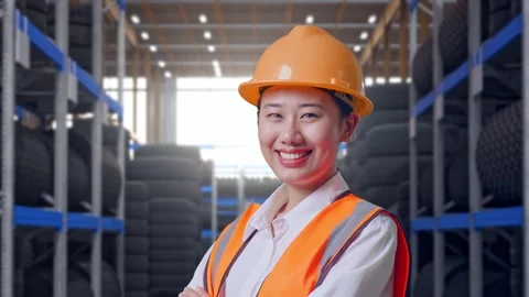 Close Up Side View Of Asian Female Engineer Crossing Her Arms Smiling Tire Stock Footage 341788672