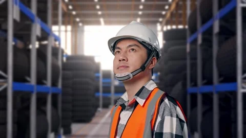 Close Up Side View Of Asian Male Engineer Looking Around at Tire Warehouse Video stock 341787141
