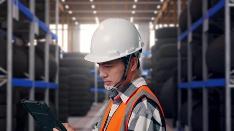 Close Up Side View Of Asian Male Engineer Working On A Tablet at Tire Warehouse Stock Footage 341787280