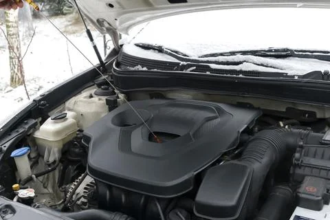 Close-up side view of auto mechanic man checking engine oil level in car, wor Stock Photos