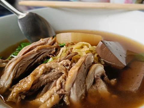 Close up side view Duck noodle on a white bowl, Delicious taste, Thai food me Stock Photos