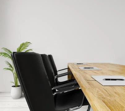 Close up side view empty meeting room with chairs, wooden table, concrete wal Stock Illustration