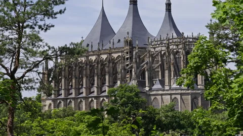 Close Side View of Gothic Cathedral in Kutná Hora Surrounded by Trees Stock Footage 313880555