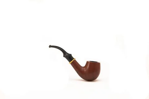 Close-up side view image of a two-tone brown and black smoking pipe on a wh.. Stock Photos